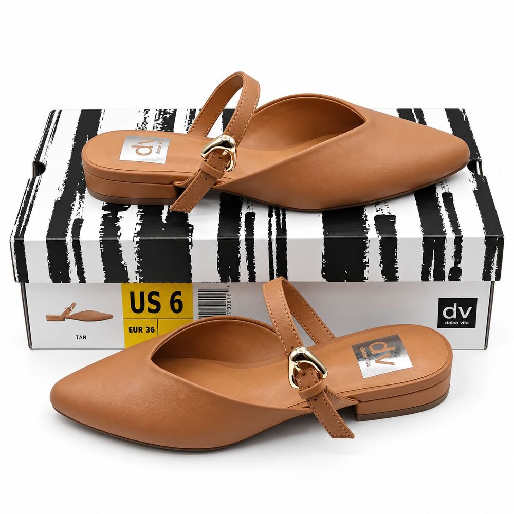 DV Dolce Vita Womens US 6 Tan Pointed Toe Mule Flats Buckle Strap Slip On Shoes